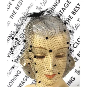 Vintage Whimsey Hat Black w/ Velvet & Veil NIB 1950s Chenille Dots Cocktail