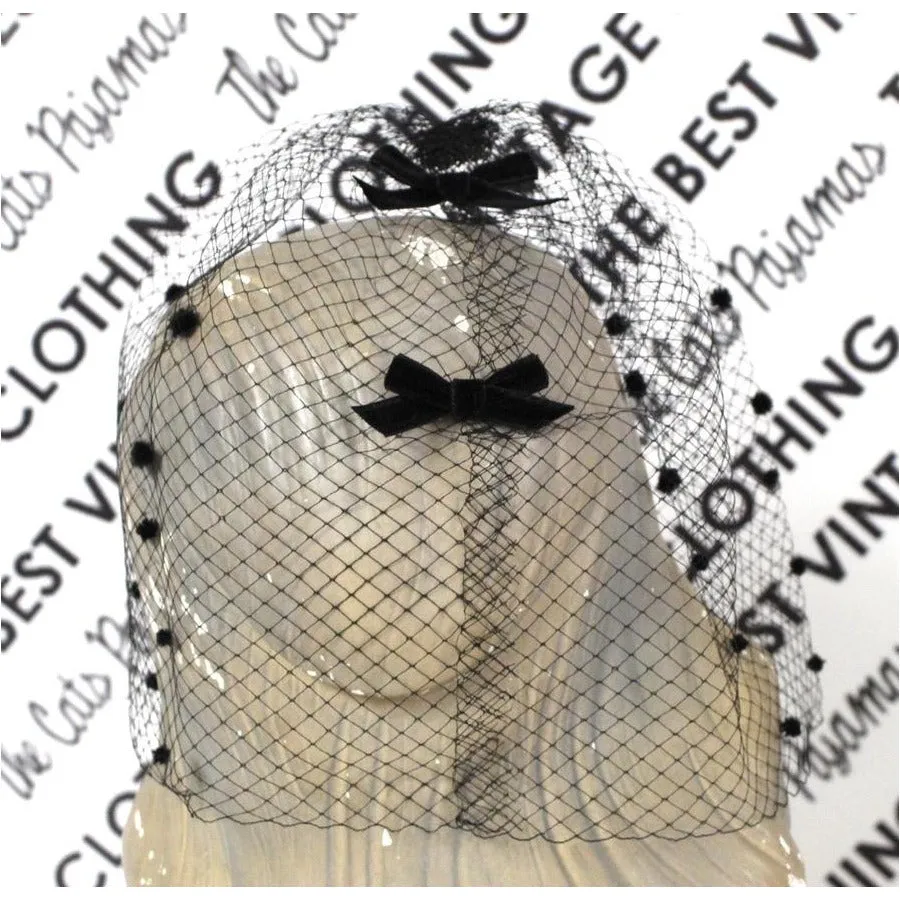 Vintage Whimsey Hat Black w/ Velvet & Veil NIB 1950s Chenille Dots Cocktail