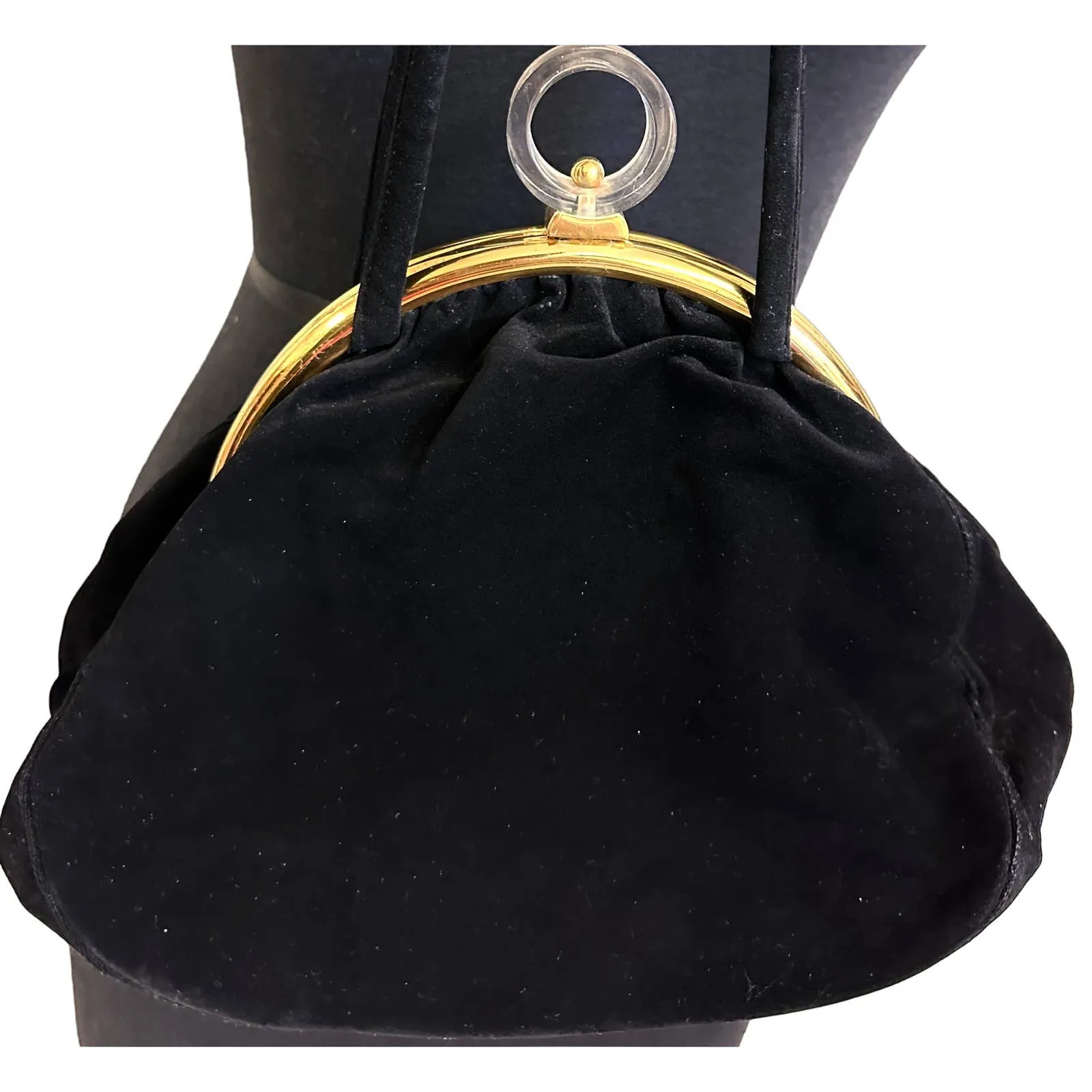 VTG 1940s Black Top Handle Purse Gold Frame Lucite Circle Clasp