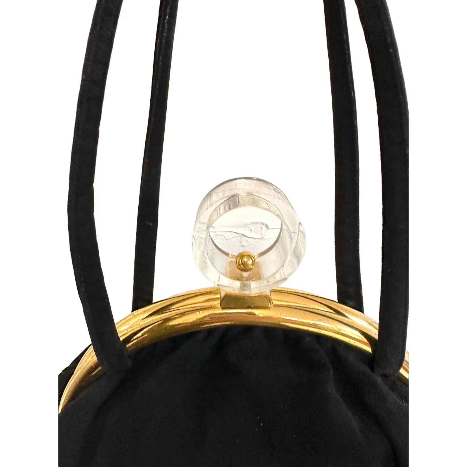 VTG 1940s Black Top Handle Purse Gold Frame Lucite Circle Clasp