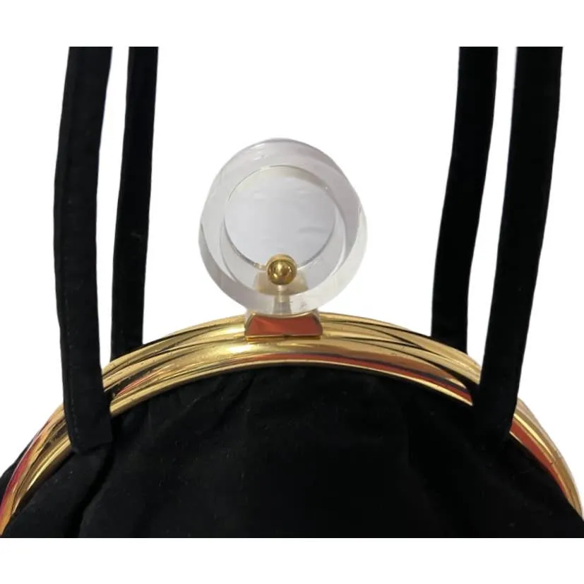 VTG 1940s Black Top Handle Purse Gold Frame Lucite Circle Clasp