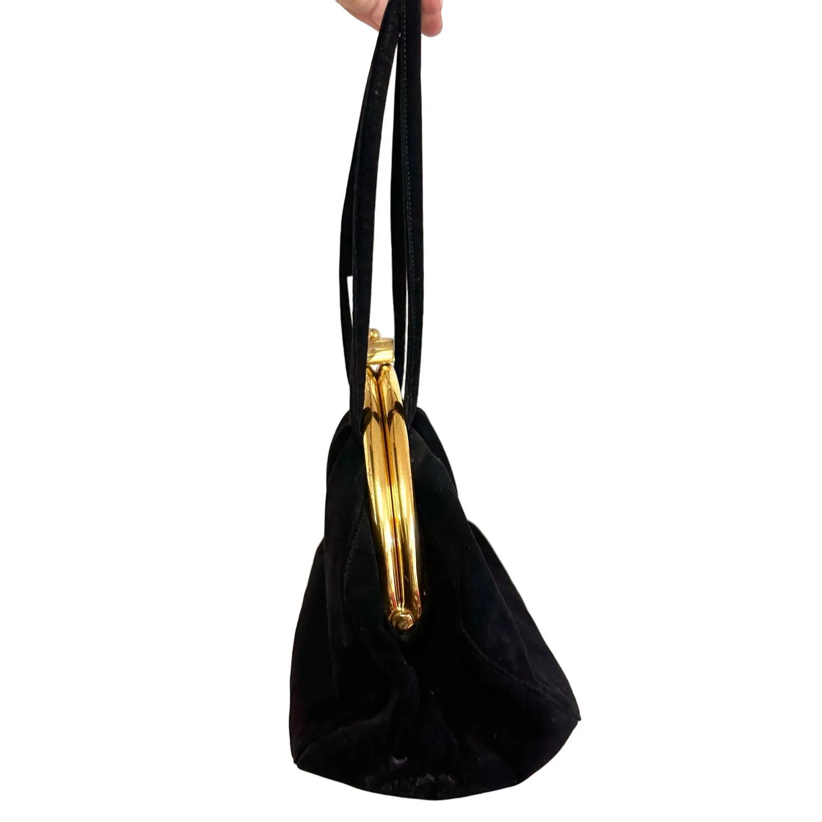 VTG 1940s Black Top Handle Purse Gold Frame Lucite Circle Clasp