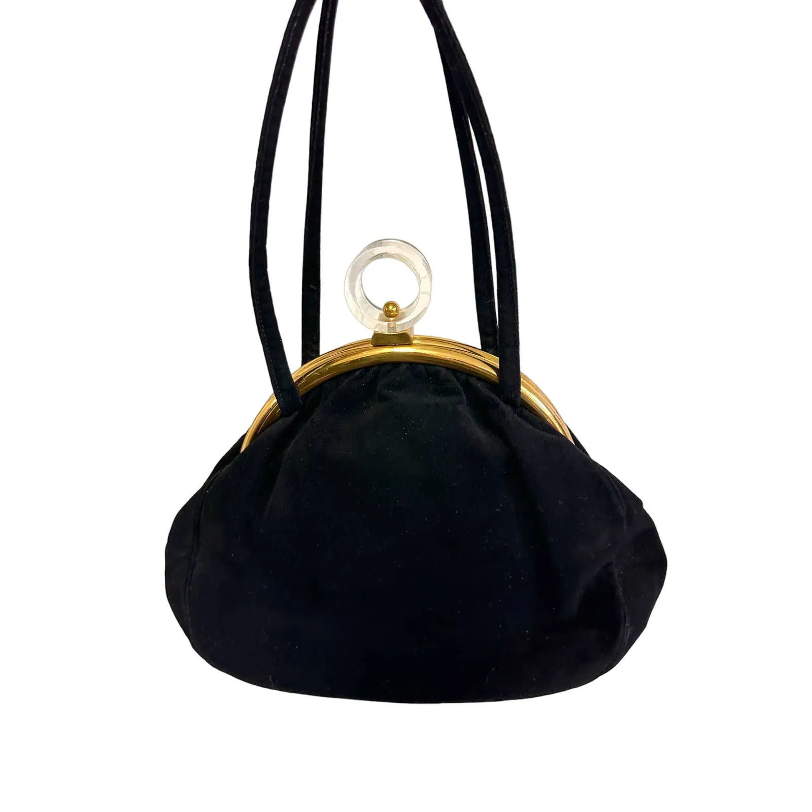 VTG 1940s Black Top Handle Purse Gold Frame Lucite Circle Clasp