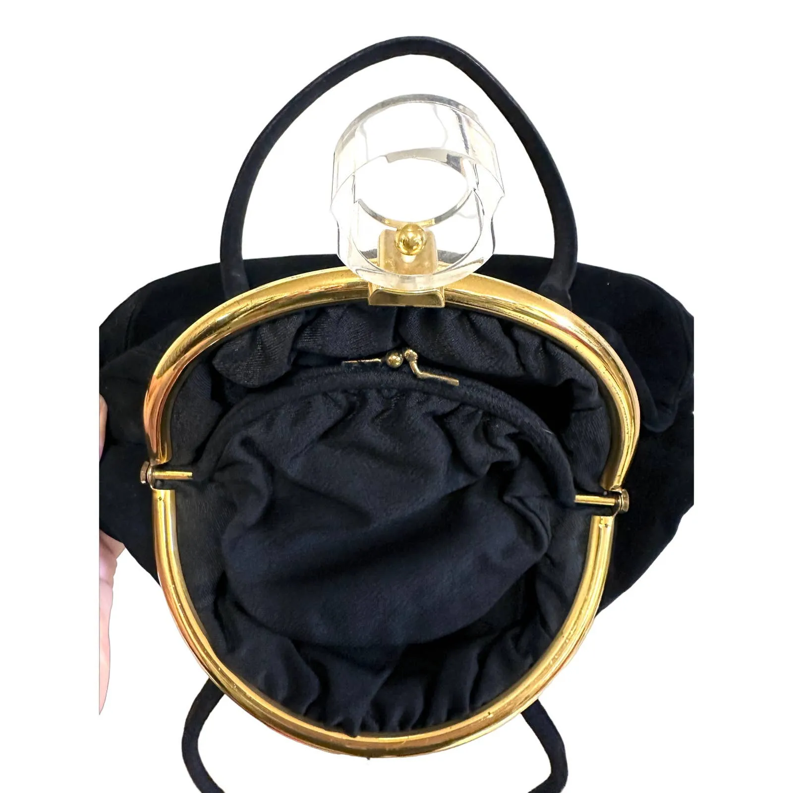 VTG 1940s Black Top Handle Purse Gold Frame Lucite Circle Clasp
