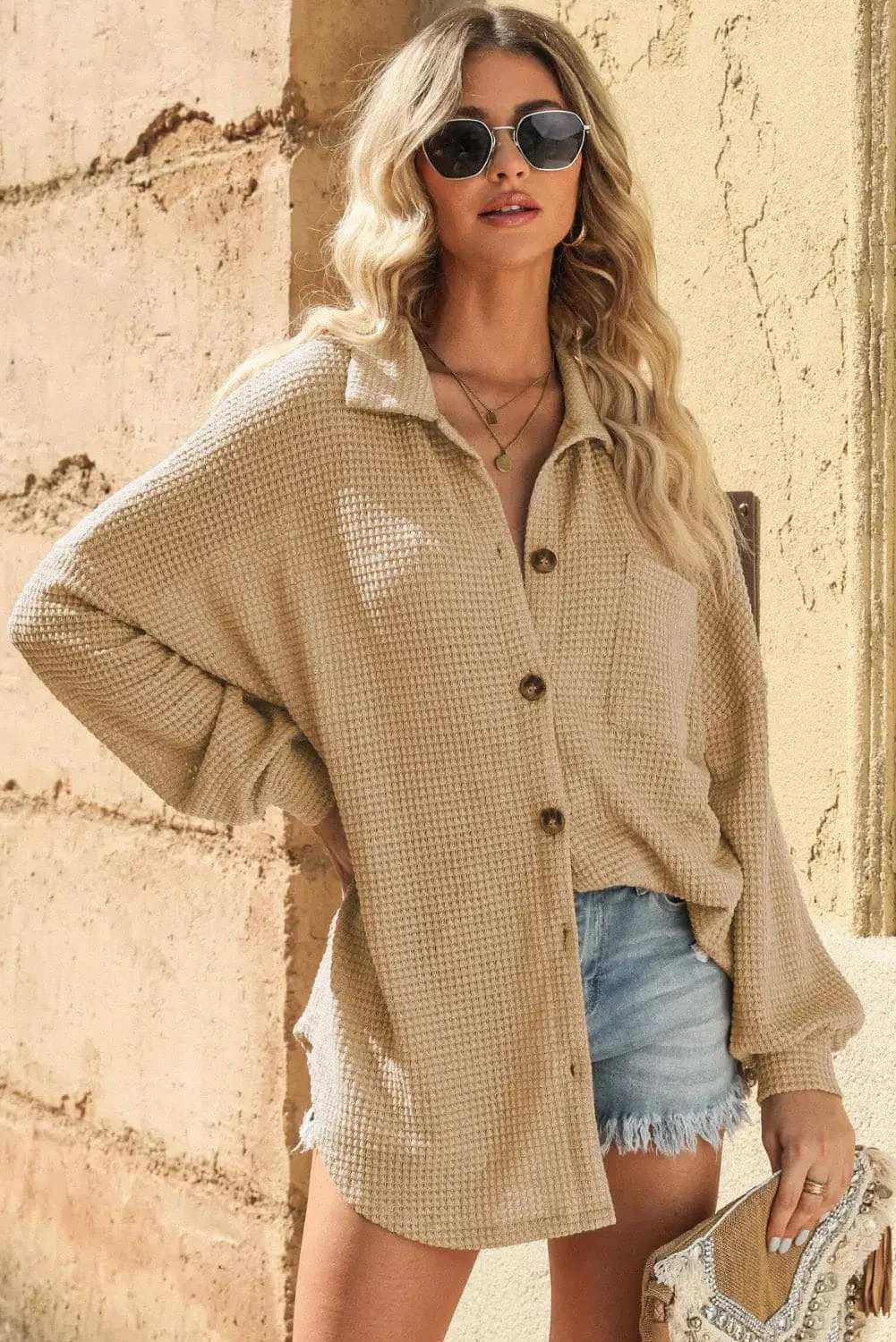 Waffle-knit Collared Neck Dropped Shoulder Shirt
