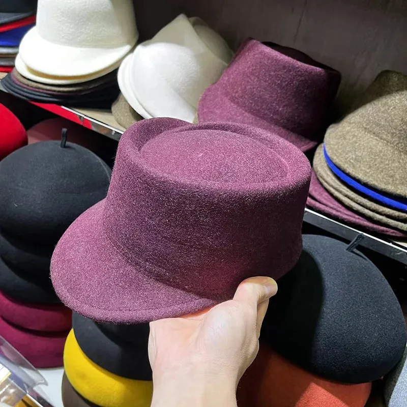 Winter Fedora Hat for Women, Flat Top Wool British Casual Hat
