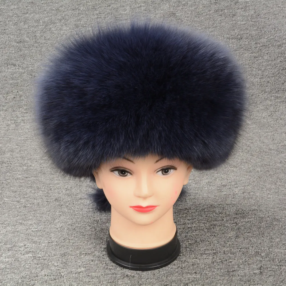 Winter Women Real Fox Fur Bomber Hats Navy Luxury Caps