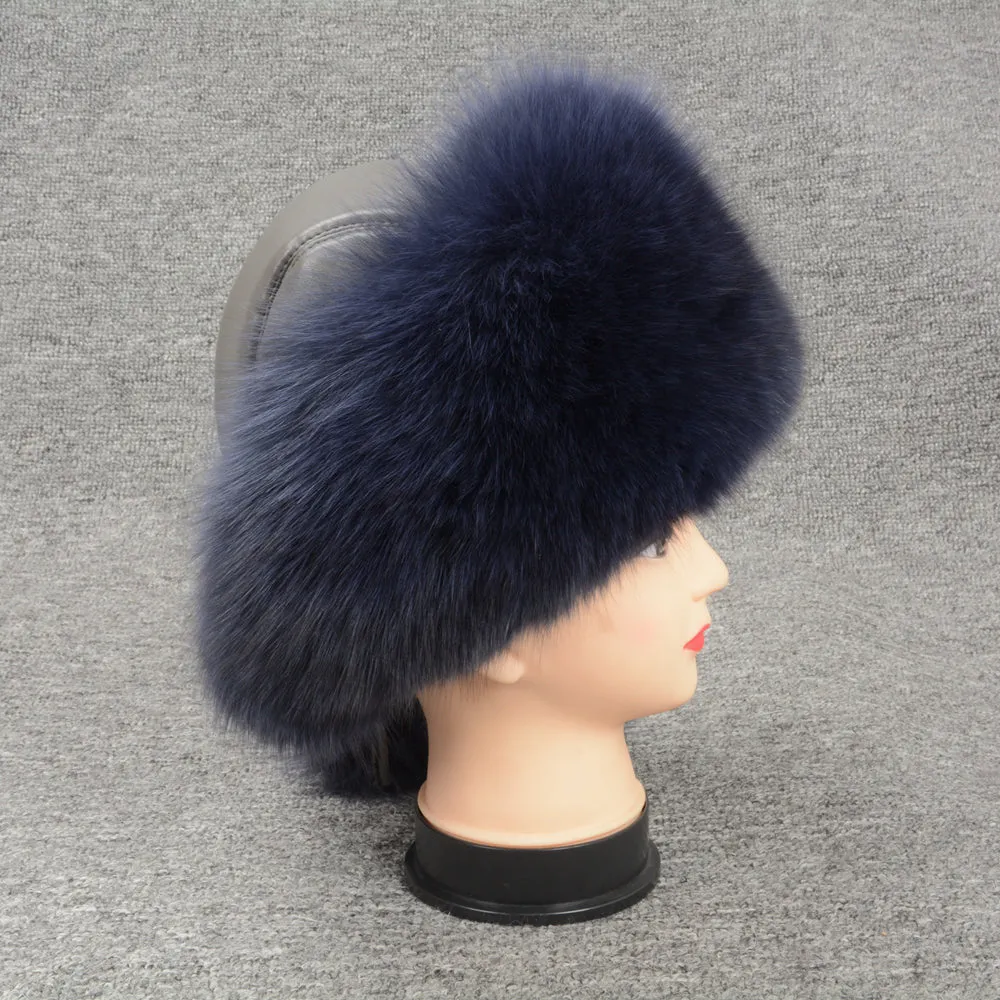Winter Women Real Fox Fur Bomber Hats Navy Luxury Caps