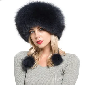 Winter Women Real Fox Fur Bomber Hats Navy Luxury Caps