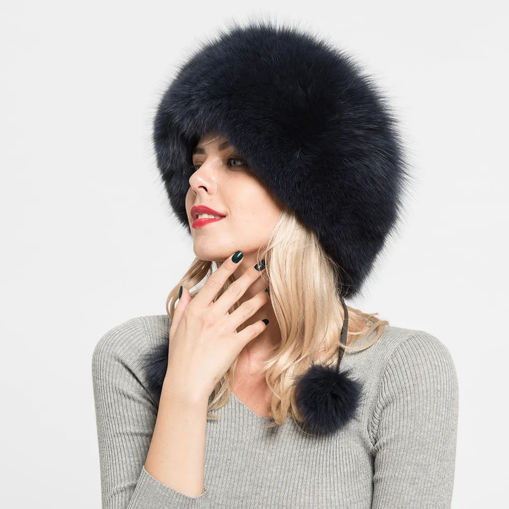 Winter Women Real Fox Fur Bomber Hats Navy Luxury Caps