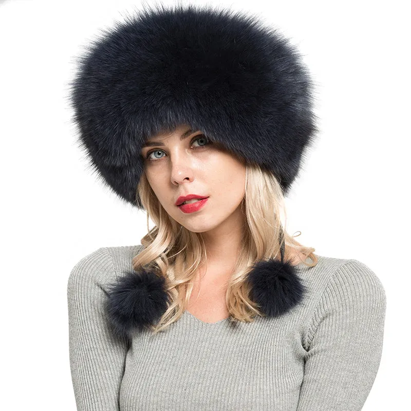 Winter Women Real Fox Fur Bomber Hats Navy Luxury Caps