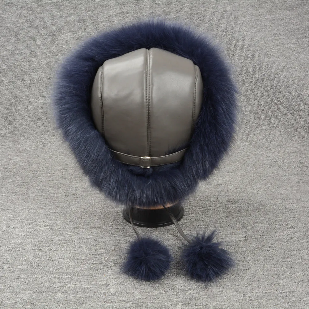 Winter Women Real Fox Fur Bomber Hats Navy Luxury Caps