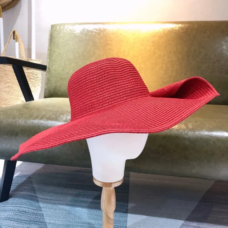 Women 15cm Wide Brim Sun Hat Summer Travel Floppy Straw Hat Female Outdoor Vacation Roll Up UPF50  Oversized Foldable Beach Hat