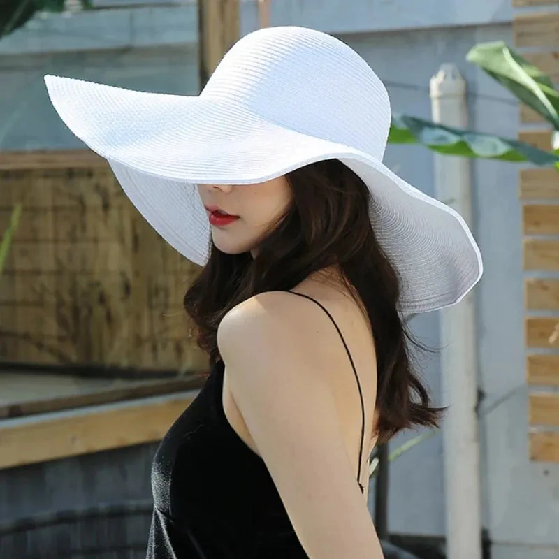 Women 15cm Wide Brim Sun Hat Summer Travel Floppy Straw Hat Female Outdoor Vacation Roll Up UPF50  Oversized Foldable Beach Hat