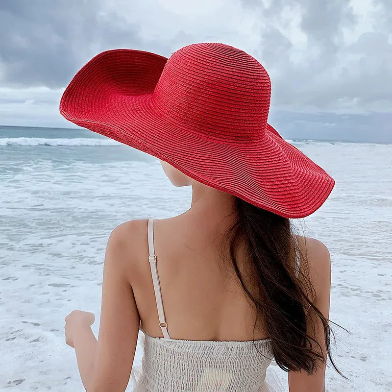Women 15cm Wide Brim Sun Hat Summer Travel Floppy Straw Hat Female Outdoor Vacation Roll Up UPF50  Oversized Foldable Beach Hat