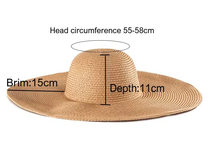 Women 15cm Wide Brim Sun Hat Summer Travel Floppy Straw Hat Female Outdoor Vacation Roll Up UPF50  Oversized Foldable Beach Hat