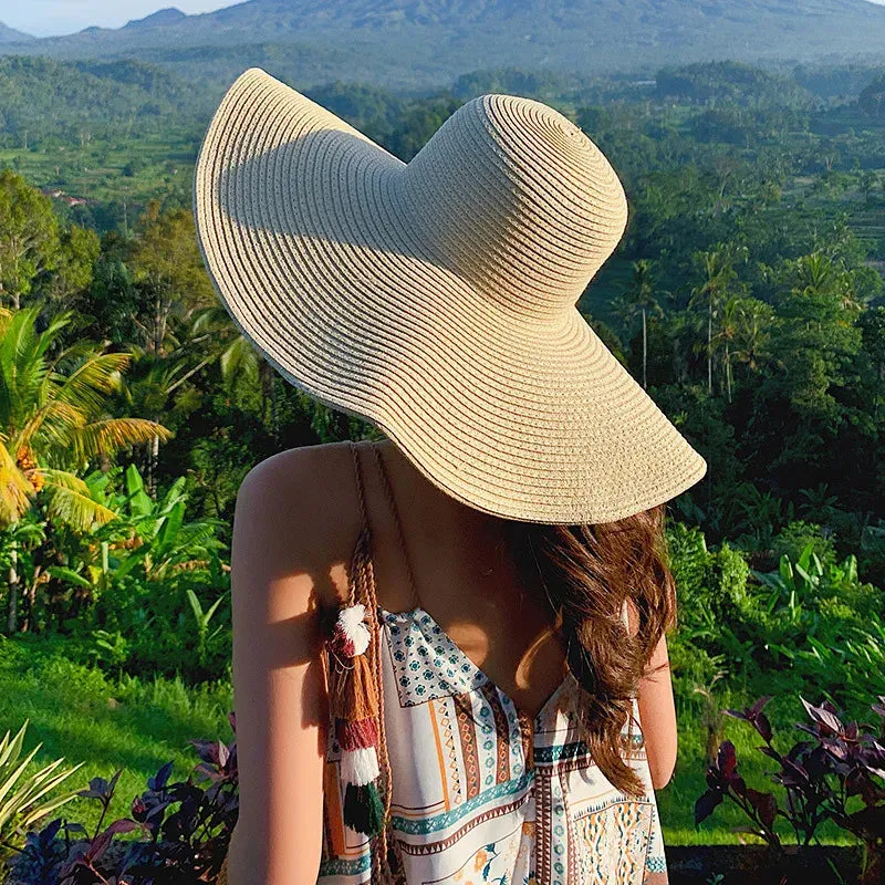 Women 15cm Wide Brim Sun Hat Summer Travel Floppy Straw Hat Female Outdoor Vacation Roll Up UPF50  Oversized Foldable Beach Hat