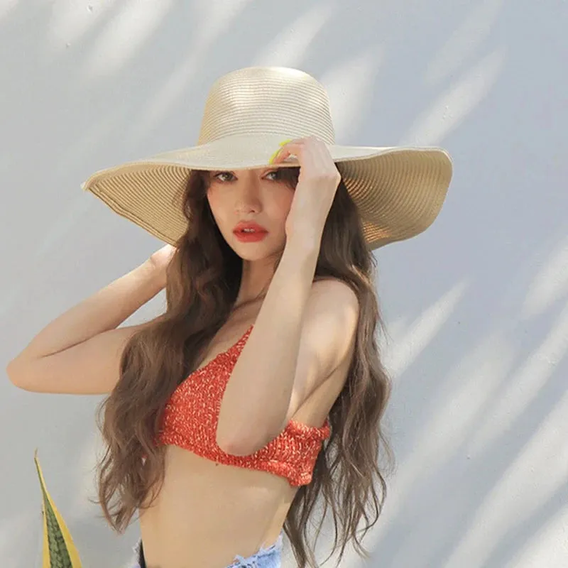Women 15cm Wide Brim Sun Hat Summer Travel Floppy Straw Hat Female Outdoor Vacation Roll Up UPF50  Oversized Foldable Beach Hat