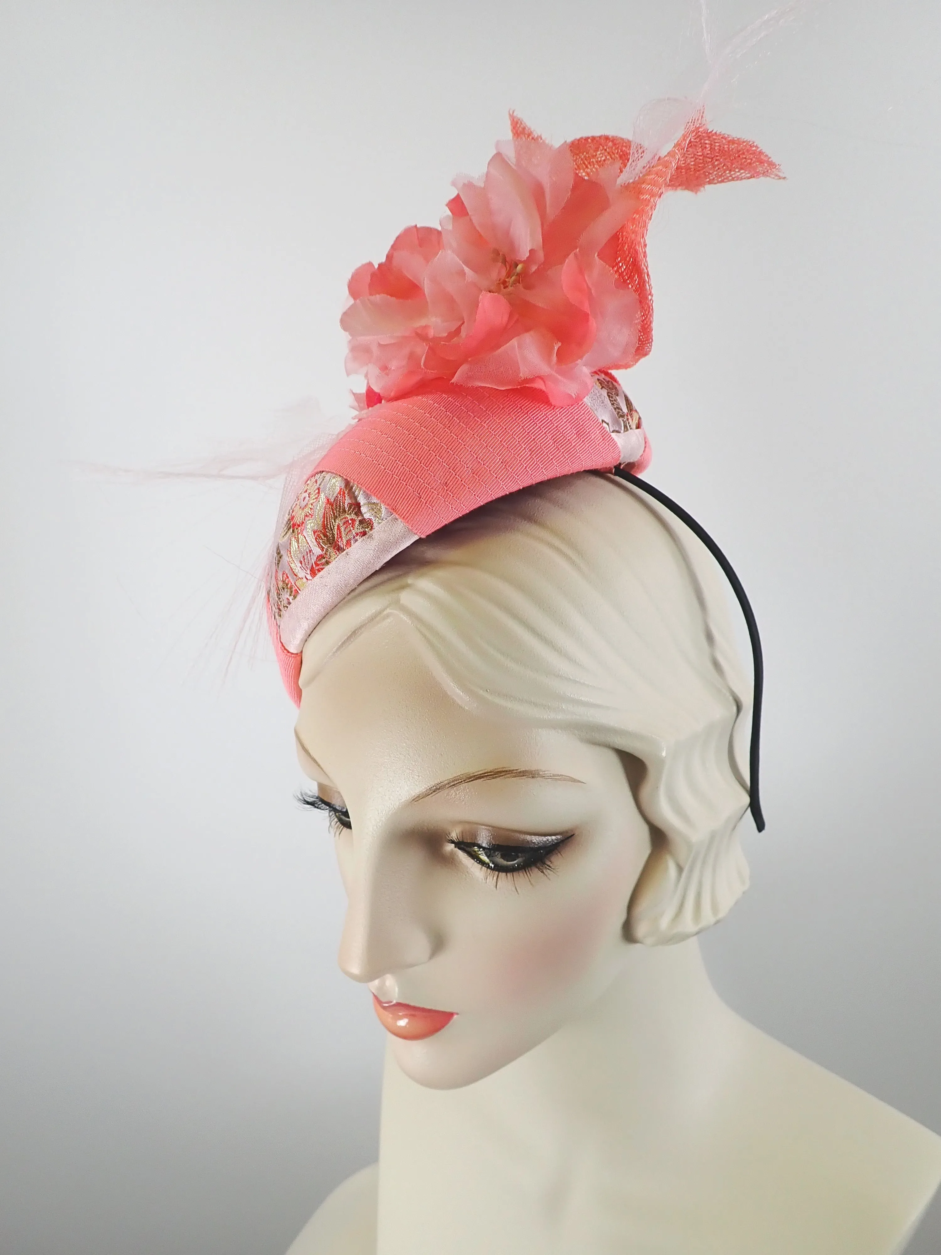 Women's Coral, and Pale Pink Ribbon and Sinamay Fascinator Hat for Kentucky Derby - Summer Fascinator for Church