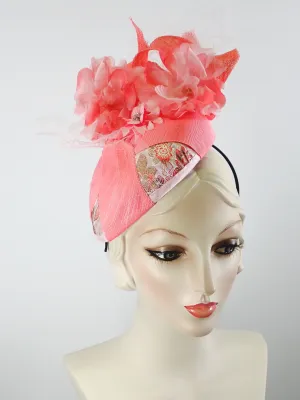 Women's Coral, and Pale Pink Ribbon and Sinamay Fascinator Hat for Kentucky Derby - Summer Fascinator for Church