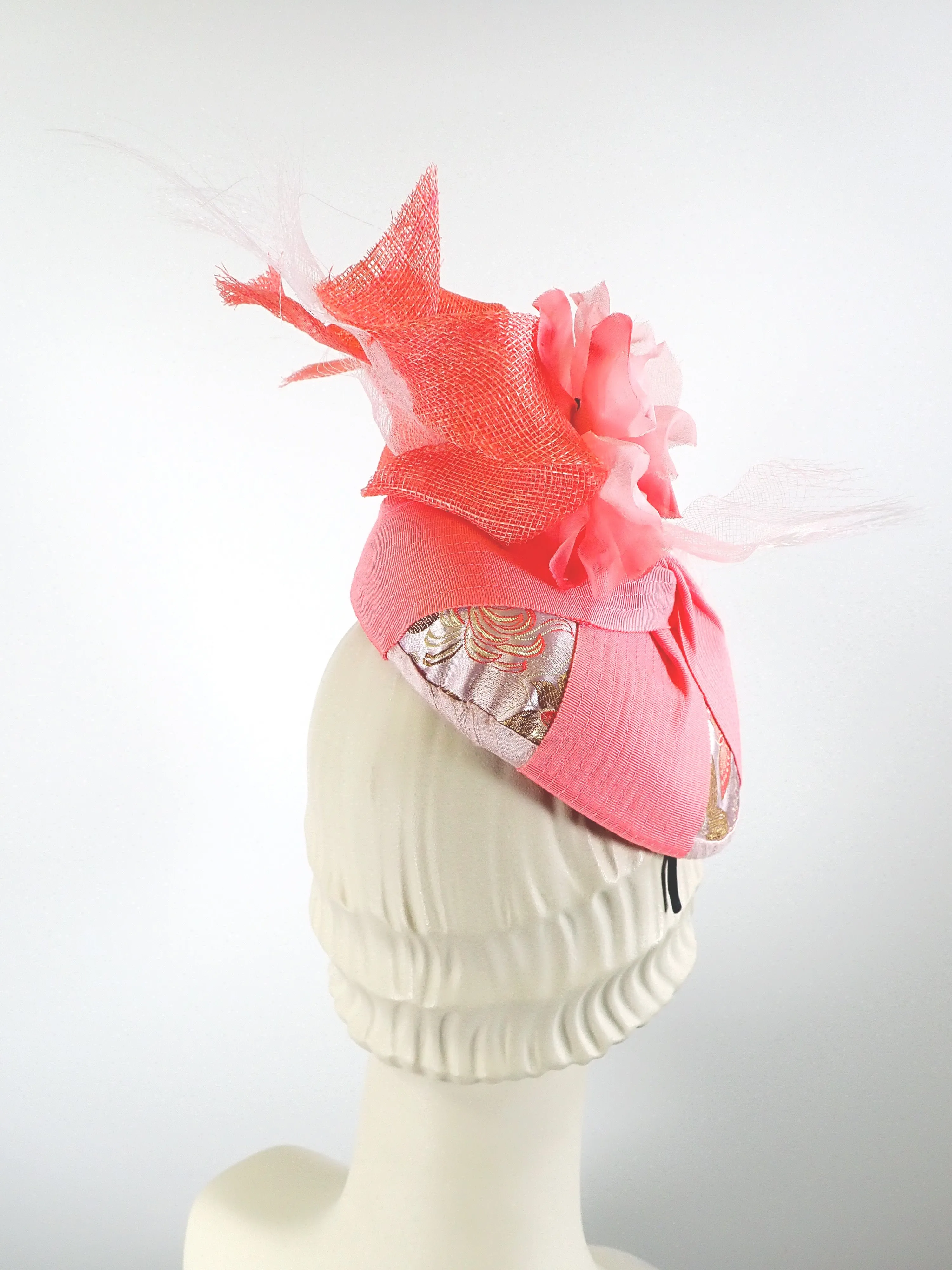 Women's Coral, and Pale Pink Ribbon and Sinamay Fascinator Hat for Kentucky Derby - Summer Fascinator for Church