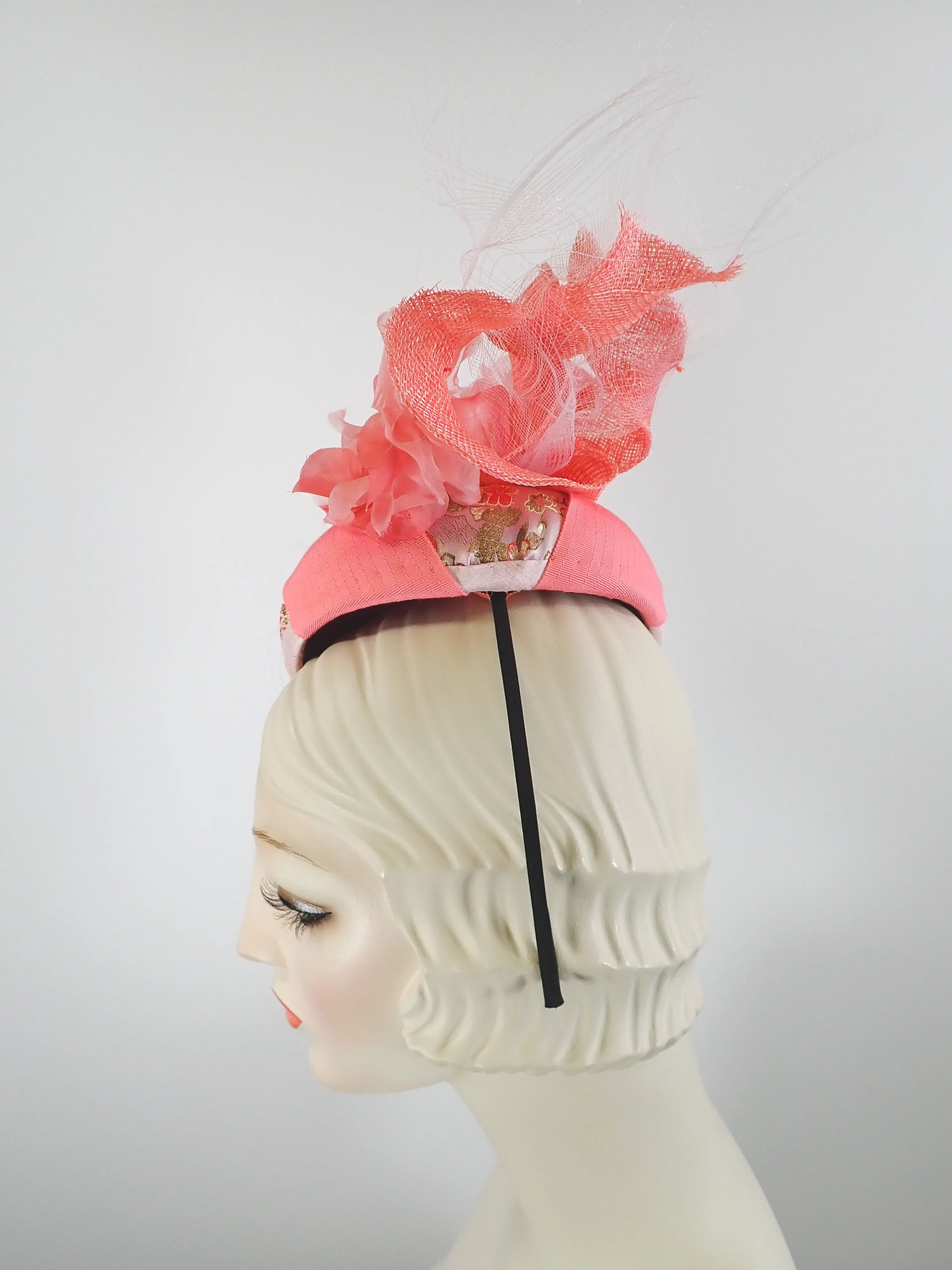 Women's Coral, and Pale Pink Ribbon and Sinamay Fascinator Hat for Kentucky Derby - Summer Fascinator for Church