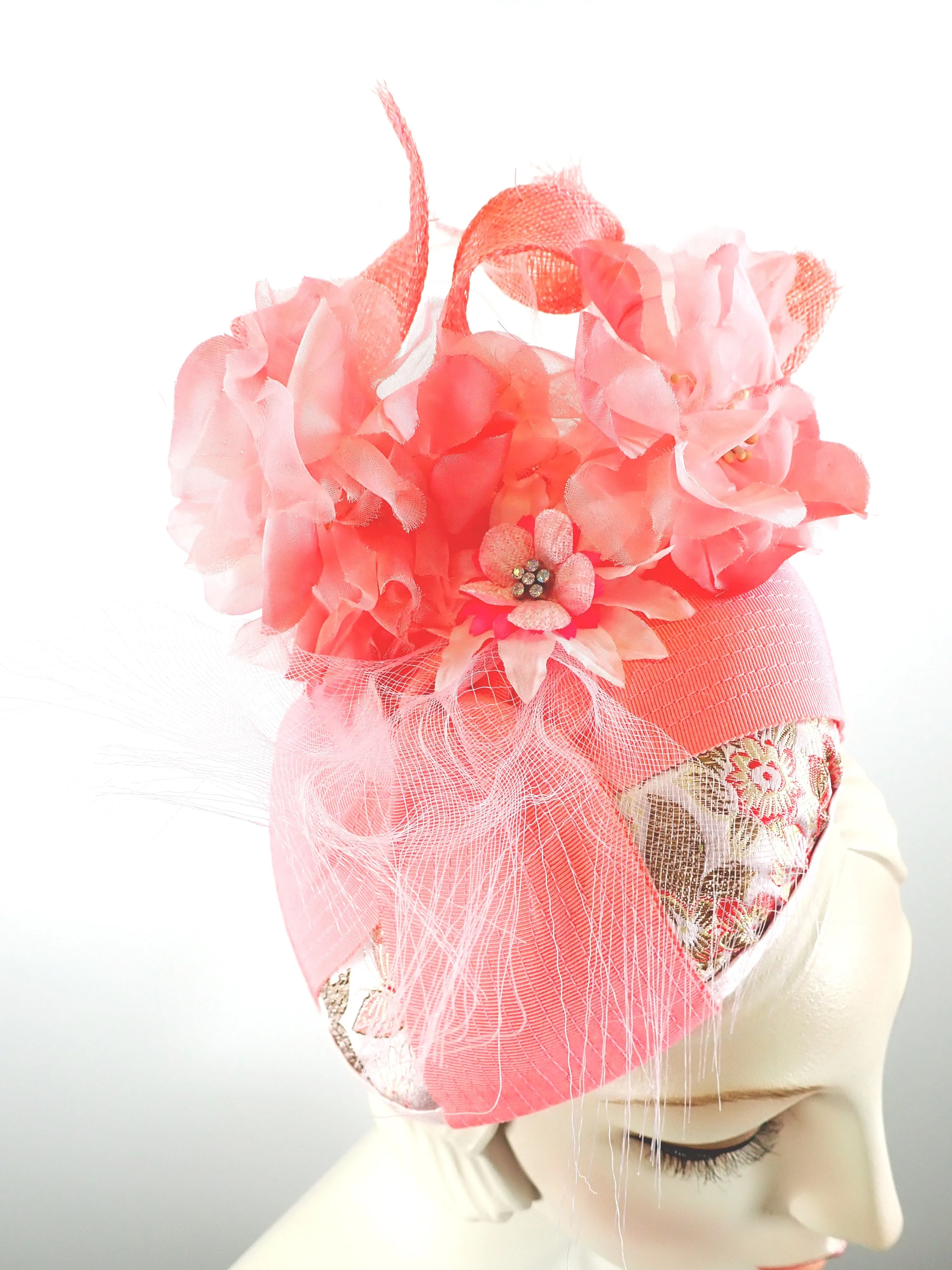 Women's Coral, and Pale Pink Ribbon and Sinamay Fascinator Hat for Kentucky Derby - Summer Fascinator for Church