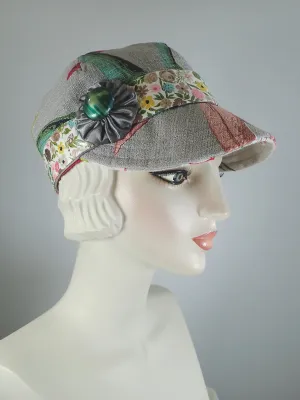 Womens Vintage Fabric Summer Floral Baseball Newsboy Cap. Womens Visor Travel Hat. Fun, colorful summer hat.
