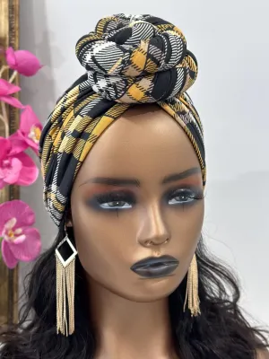 Yellow Plaid Pre-tied Turban