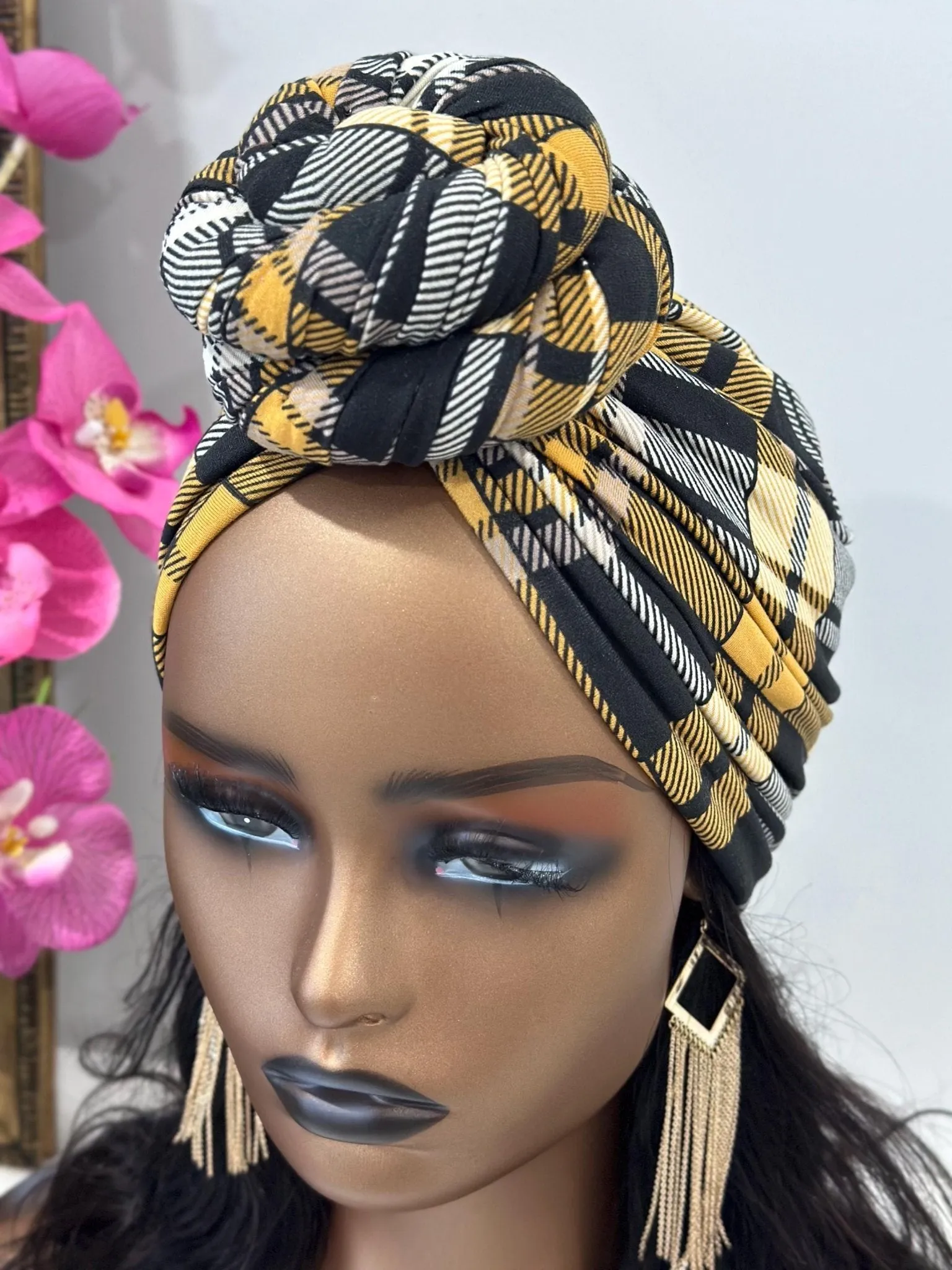 Yellow Plaid Pre-tied Turban