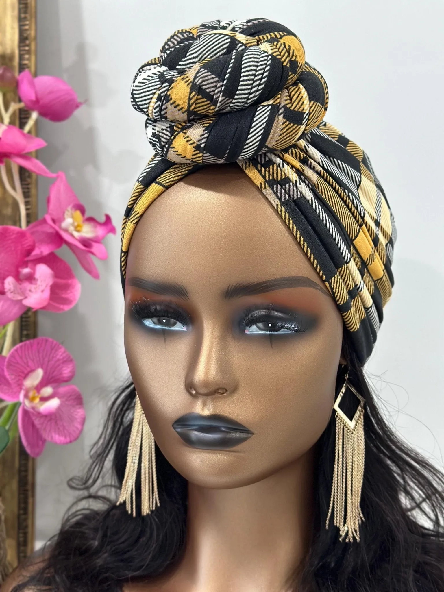 Yellow Plaid Pre-tied Turban