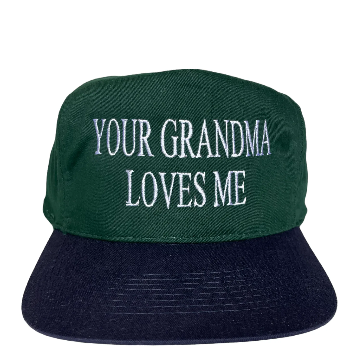 YOUR GRANDMA LOVES ME Vintage Green Crown Navy Brim Strapback Cap Hat Funny Custom Embroidered